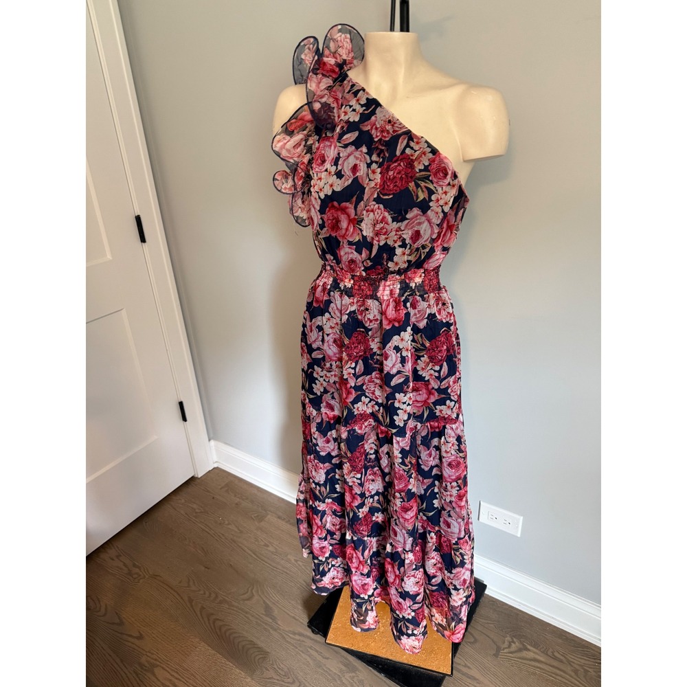 Petal + Pup Navy Floral One Shoulder Ruffle Maxi Dress NWT Small
